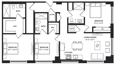 Floor plan for 3 beds, 3 baths, 1469 sqft